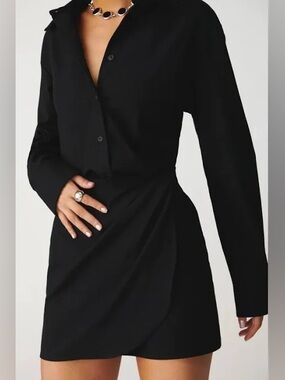 Reformation Weston Black Long-Sleeve Mini Shirt Dress Size 2 Organic Cotton